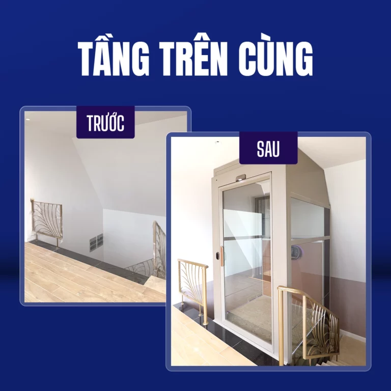 Tầng trên cùng có mái chéo trước và sau khi lắp đặt thang máy trục vít Kalea
