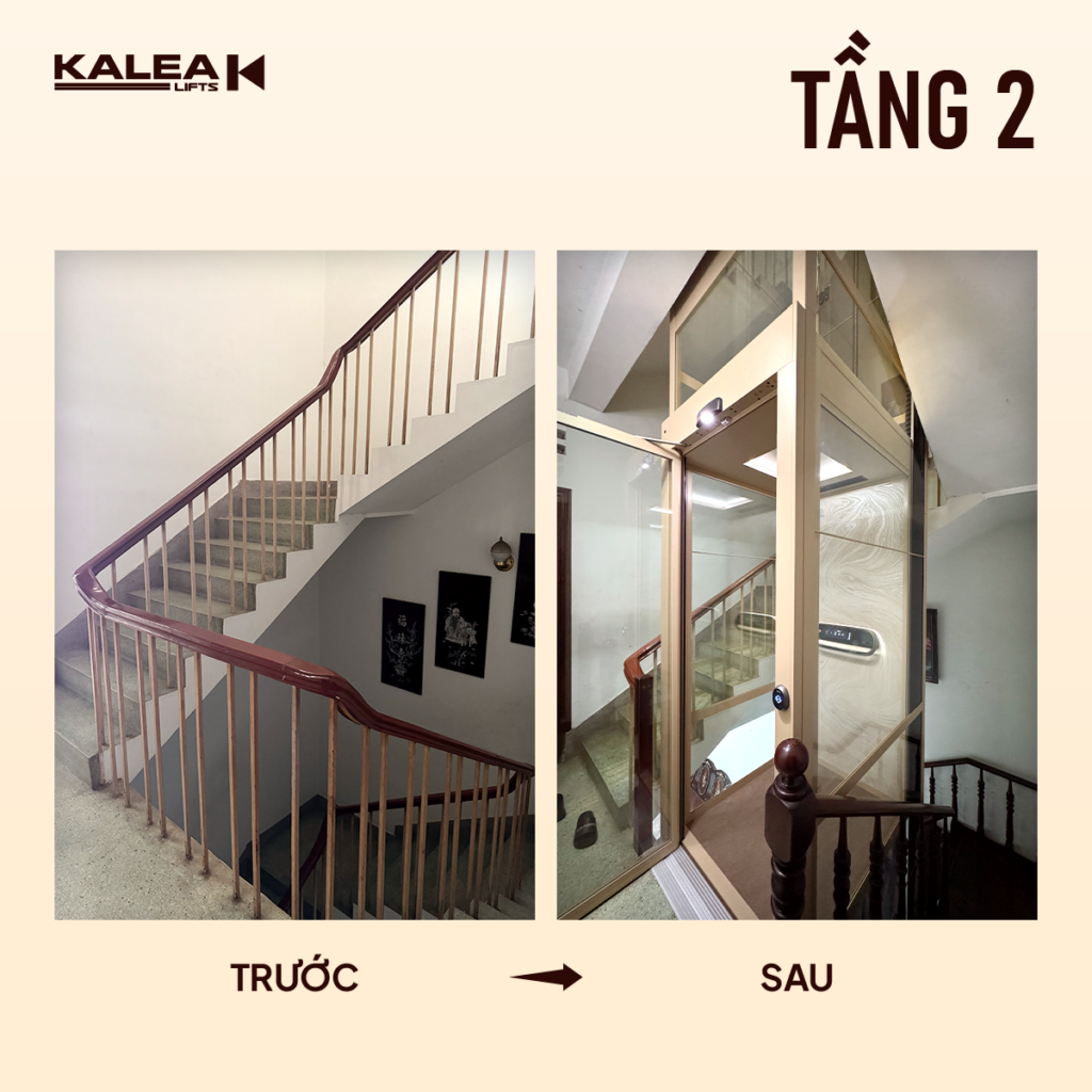 Tầng 2 của nhà anh Sơn trước và sau khi lắp đặt thang máy trục vít Kalea Lifts