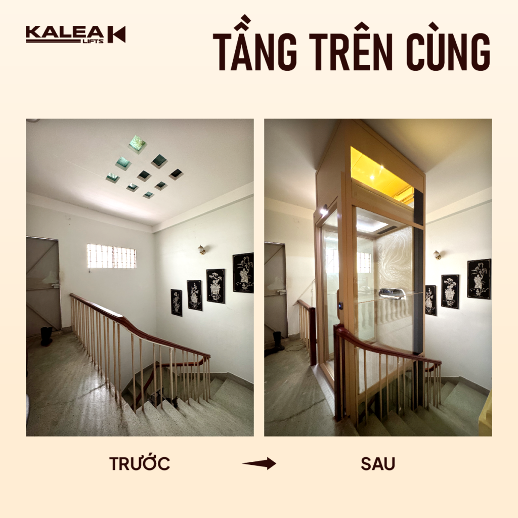 Tầng trên cùng của nhà anh Sơn trước và sau khi lắp đặt thang máy trục vít Kalea Lifts
