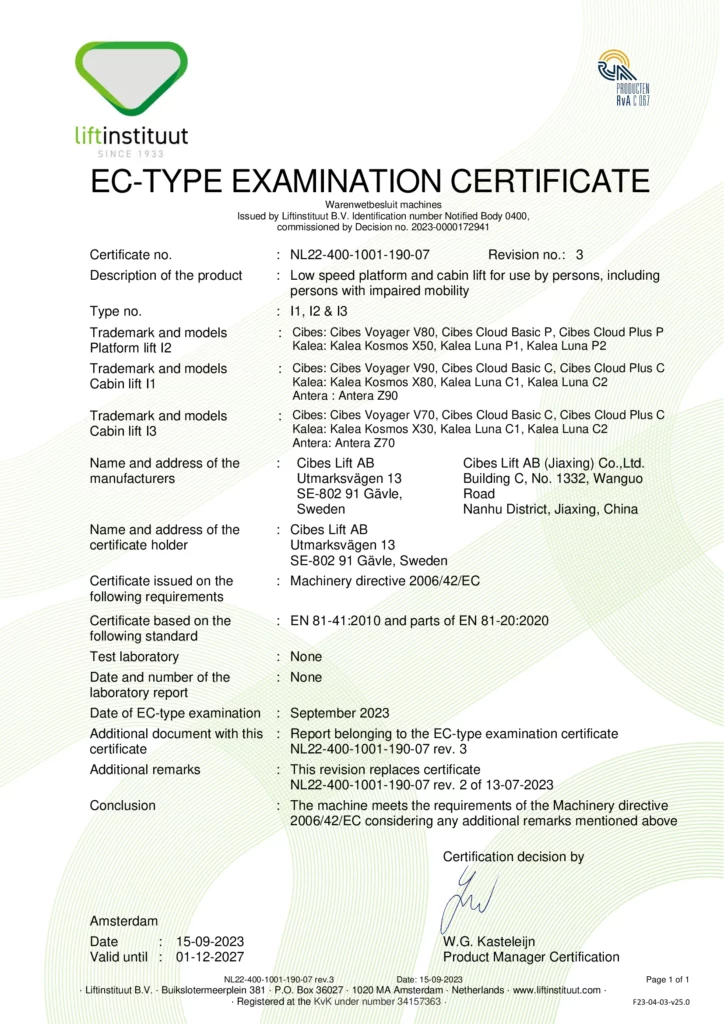 Thang máy Kalea đạt chứng nhận EC, tuân thủ chỉ thị Machinery Directive 2006/42/EC, theo tiêu chuẩn EN 81-41:2010 và EN 81-20:2020 của liên minh Châu Âu. Thang máy Kalea đạt chứng nhận EC, tuân thủ chỉ thị Machinery Directive 2006/42/EC, theo tiêu chuẩn EN 81-41:2010 và EN 81-20:2020 của liên minh Châu Âu.