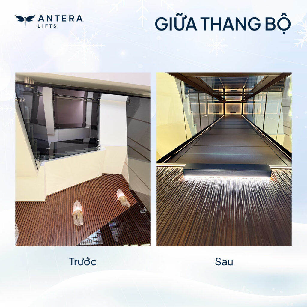 Thang máy gia đình 4 tầng Kalea lắp đặt tại vị trí giữa thang bộ có sẵn