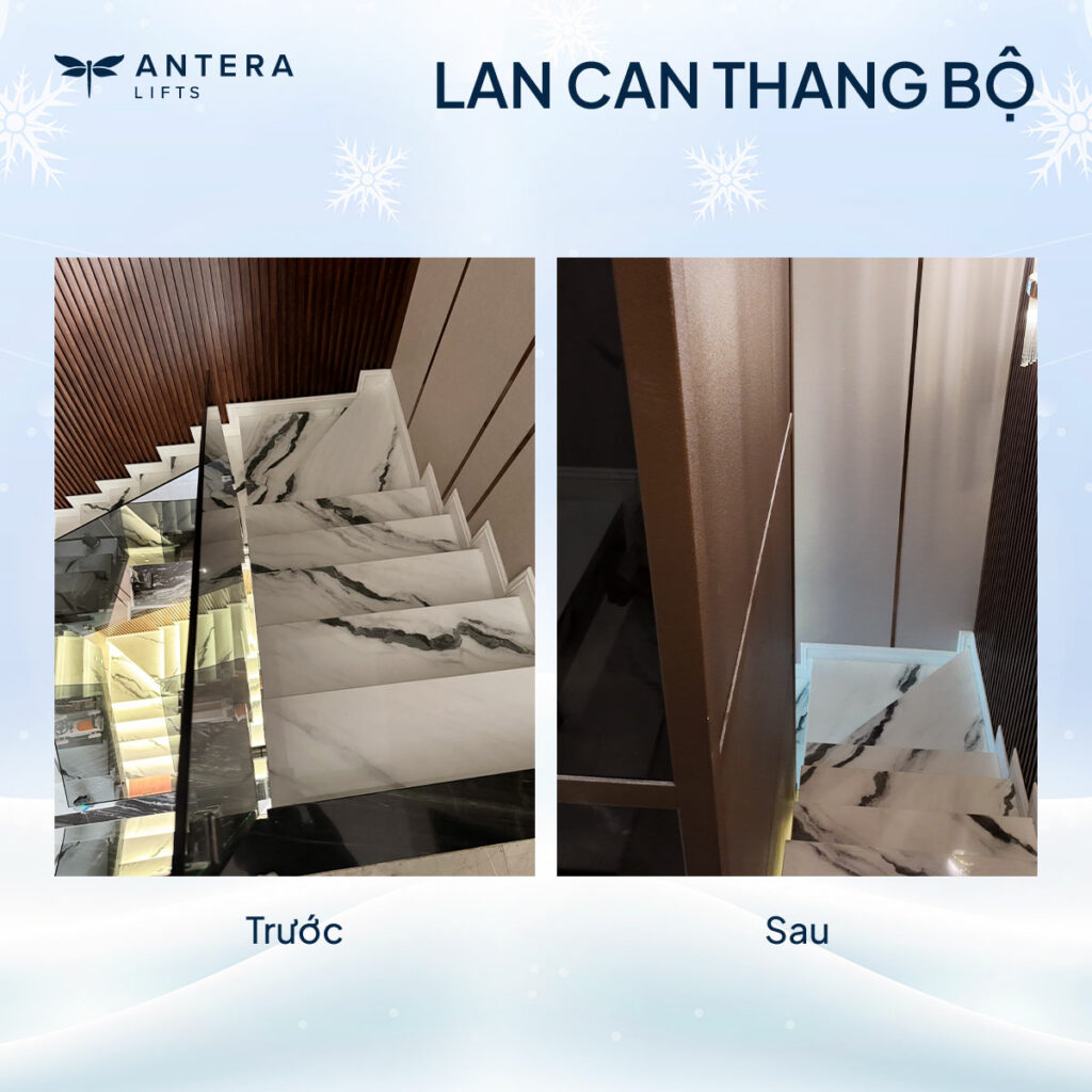 Tháo lan can thang bộ lắp đặt thang máy gia đình 4 tầng Kalea