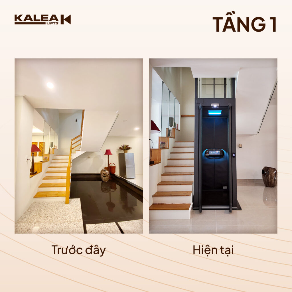 Hình ảnh thực tế tầng 1 của công trình trước và sau khi lăp đặt thang máy gia đình HCM Kalea
