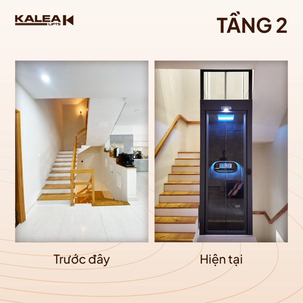 Hình ảnh thực tế tầng 2 của công trình trước và sau khi lăp đặt thang máy gia đình HCM Kalea