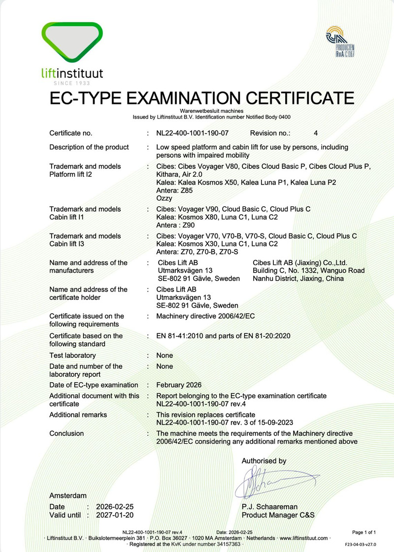 Các dòng thang máy Kalea đạt chứng nhận EC, tuân thủ chỉ thị Machinery Directive 2006/42/EC, theo tiêu chuẩn EN 81-41:2010 của liên minh Châu Âu, tương đương TCVN 6396‑41:2018 theo tiêu chuẩn Việt Nam