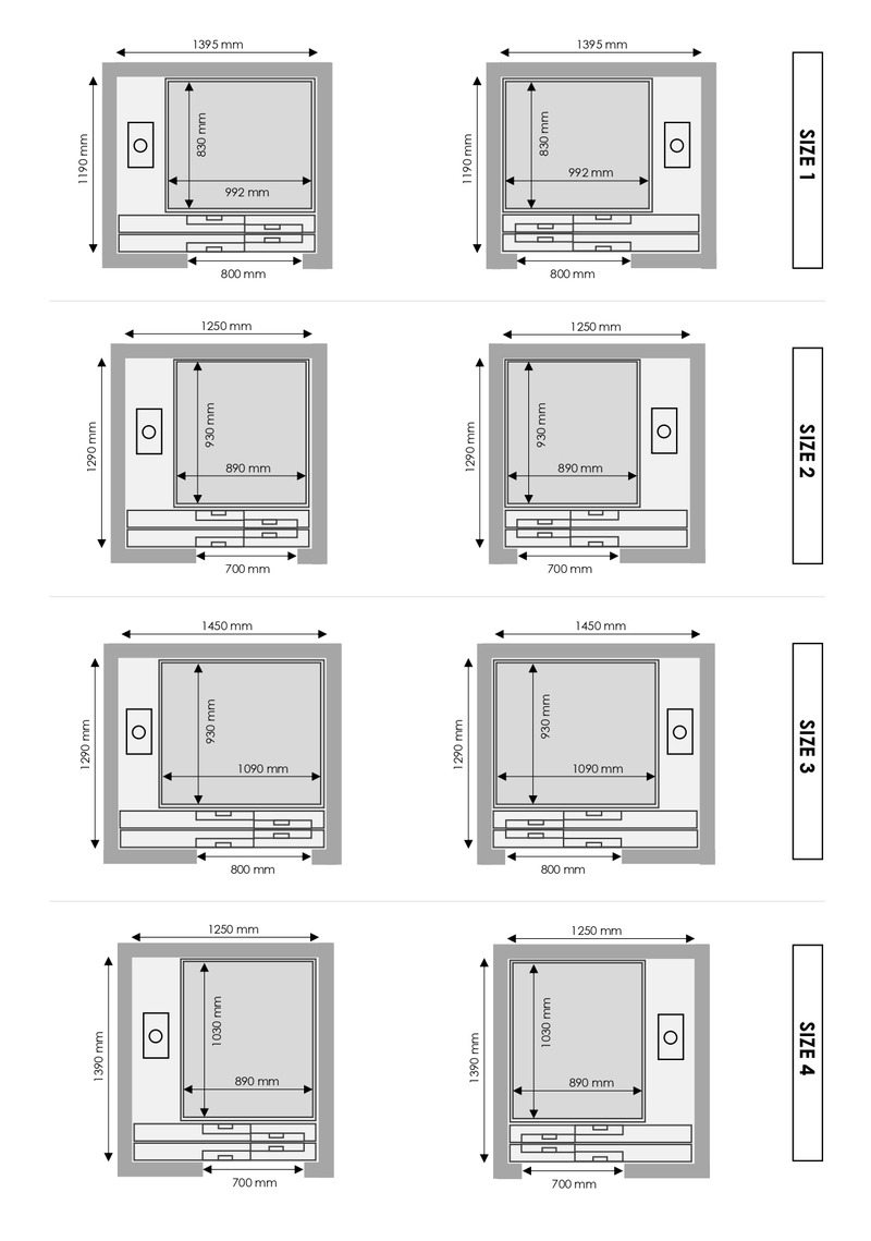 Kích thước dòng thang cửa lùa 1 bên công nghệ trục vít Kalea size 1, size 2, size 3, size 4