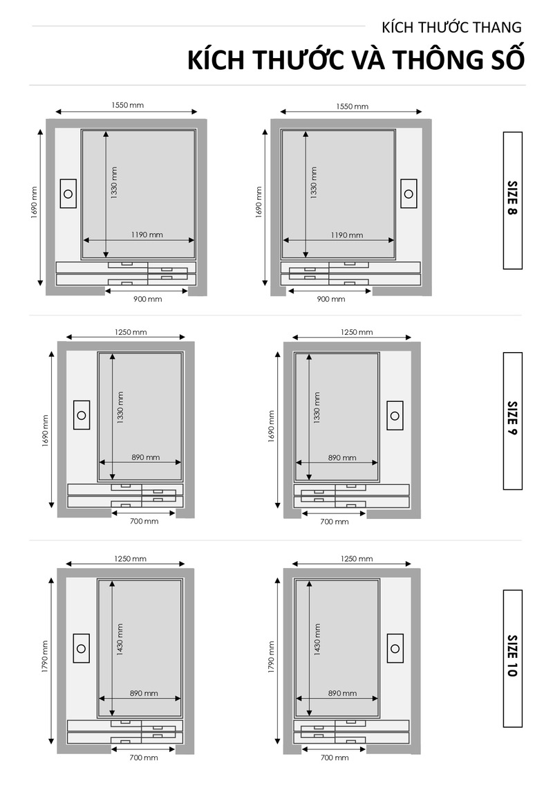 Kích thước dòng thang cửa lùa 1 bên công nghệ trục vít Kalea size 8, size 9, size 10