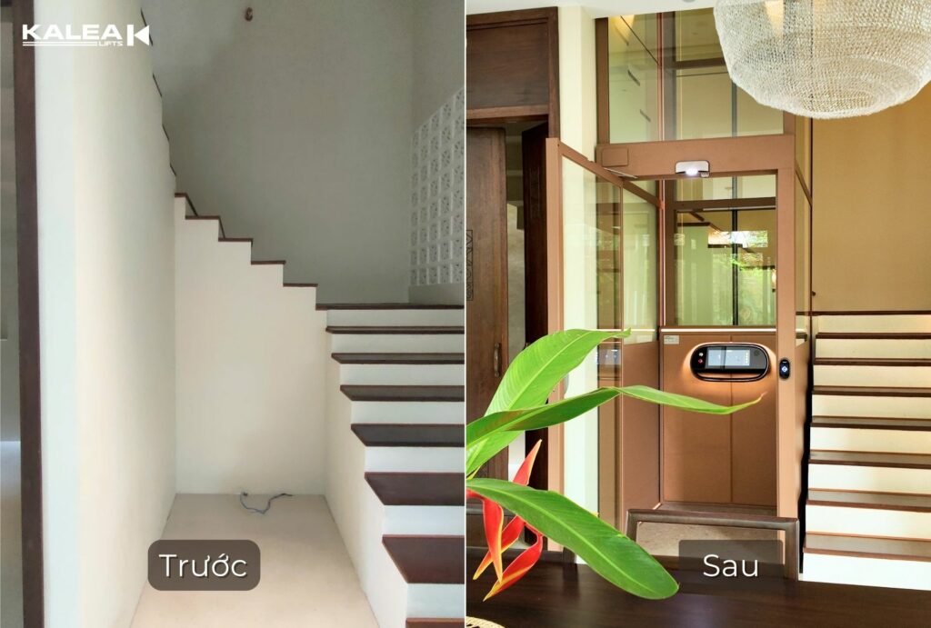 Trước và sau khi lắp đặt thang máy gia đình Kalea X50 Limited tại tầng 1 nhà ở TP.HCM