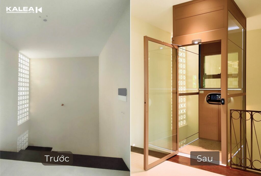 So sánh trước và sau khi lắp đặt thang máy gia đình Kalea X50 Limited tại tầng trên cùng