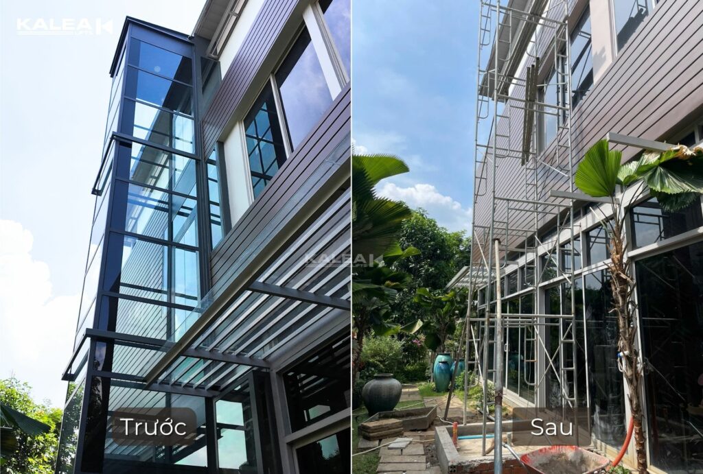Hình ảnh trước và sau khi lắp đặt thang máy trục vít Kalea X80 Premium phía sân vườn của ngôi nhà