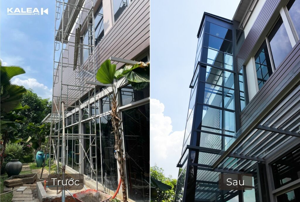 Hình ảnh trước và sau khi lắp đặt thang máy trục vít Kalea X80 Premium phía sân vườn của ngôi nhà