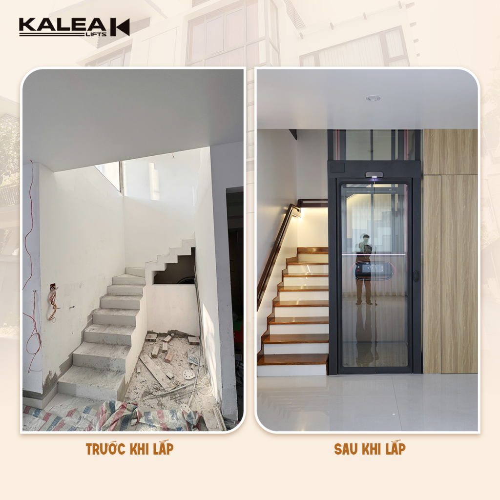 Thang máy biệt thự Kalea X50 Limited lắp giữa cầu thang bộ tại tầng 1