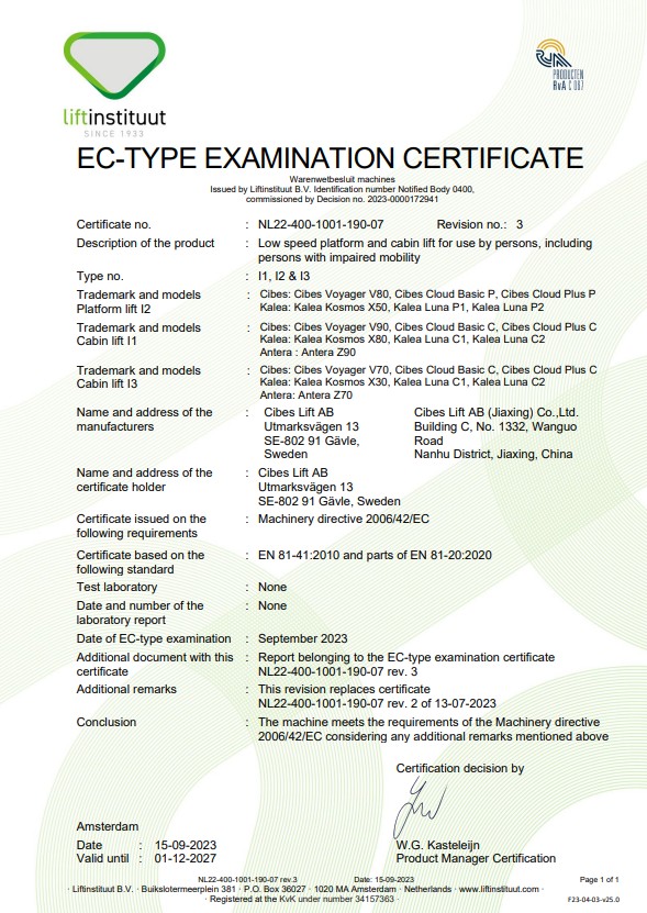 Giấy chứng nhận thẩm định kiểu EC theo tiêu chuẩn châu Âu (EN) 81-41 và EN 81-20 của thang máy gia đình Kalea