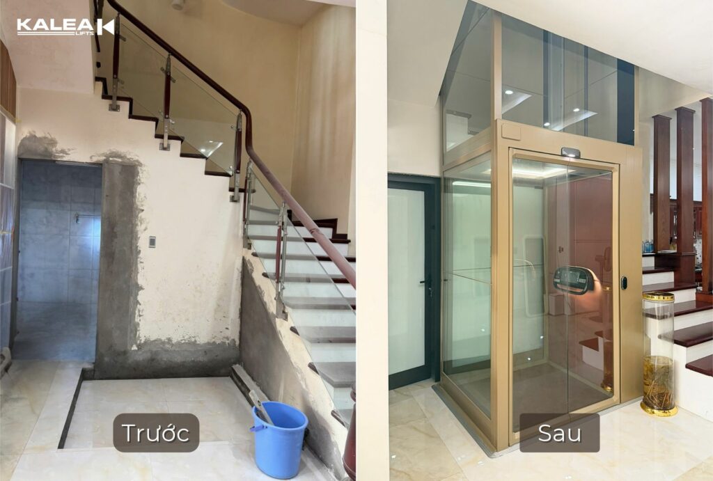 Trước và sau khi lắp thang máy không hố pít Kalea X80 Limited tại tầng 1 nhà cải tạo ở Hạ Long.