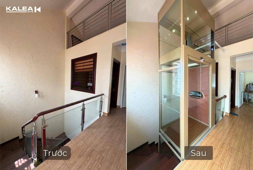 Trước và sau khi lắp thang máy Kalea X80 Limited tại tầng trên cùng nhà cải tạo ở Hạ Long.